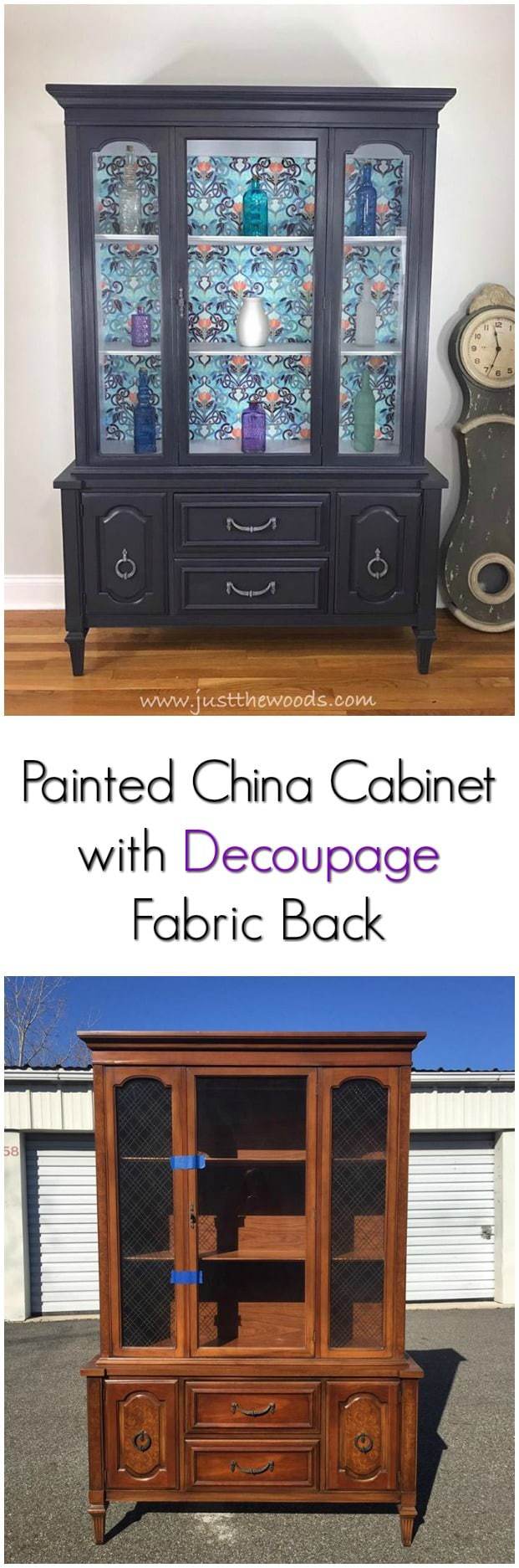 A painted china cabinet with gorgeous fabric decoupage. Deep gray with purple undertones make this painted china cabinet amazing. #paintedfurniture #paintedcabinet #furnituremakeover #paintedchinacabinet #furnituredecoupage #paintedfurnitureideas #fabricdecoupage