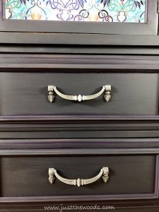 Gray Painted China Cabinet with Decoupage Backing painted-hardware-silver