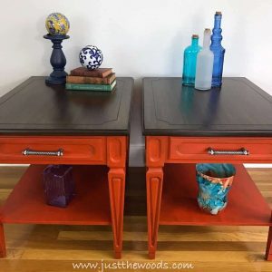 painted-mcm-end-tables, teak wood stain, pure home paint, painted orange tables