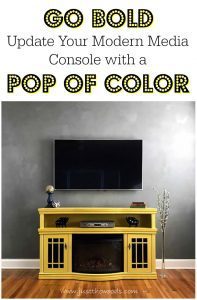 painted-media-console, yellow painted furniture, pop of color, gray wall with yellow furniture