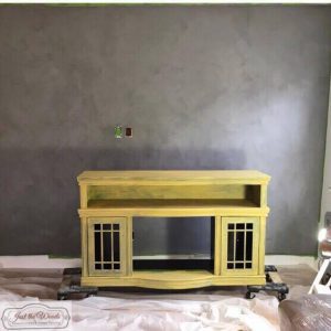 painted-tin-kettle-wall, painted media console, pure home paint, saffron, yellow chalk paint