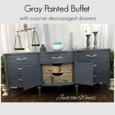 painted buffet, vintage buffet, nyc, decoupage, gray painted buffet, just the woods