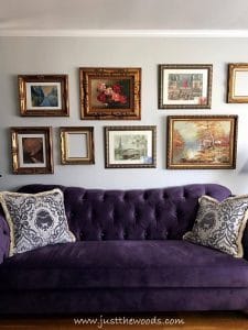 purple-sofa, gallery wall, new frames, vintage style museum style