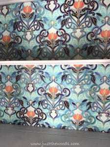 spoonflower-ocean-indigo, decoupage, painted china cabinet, coral fabric, indigo fabric