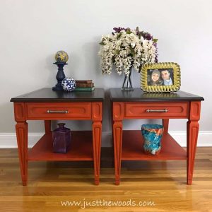 vintage-tables-painted-orange, orange painted tables, orange chalk paint, wood stain, vintage painted furniture