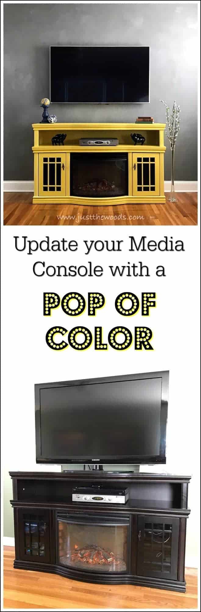 yellow-painted-media-console-pop-of-color, media console, painted furniture, shabby chic
