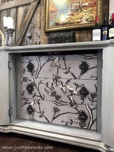 bird-fabric-decoupage, decoupage, just the woods, painted furniture blog, new york, nyc, painted furniture