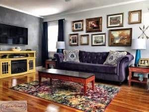 bold-living-room, living room makeover, colorful room, purple sofa