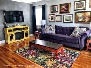 bright-colorful-living-room, living room makeover, yellow and purple room