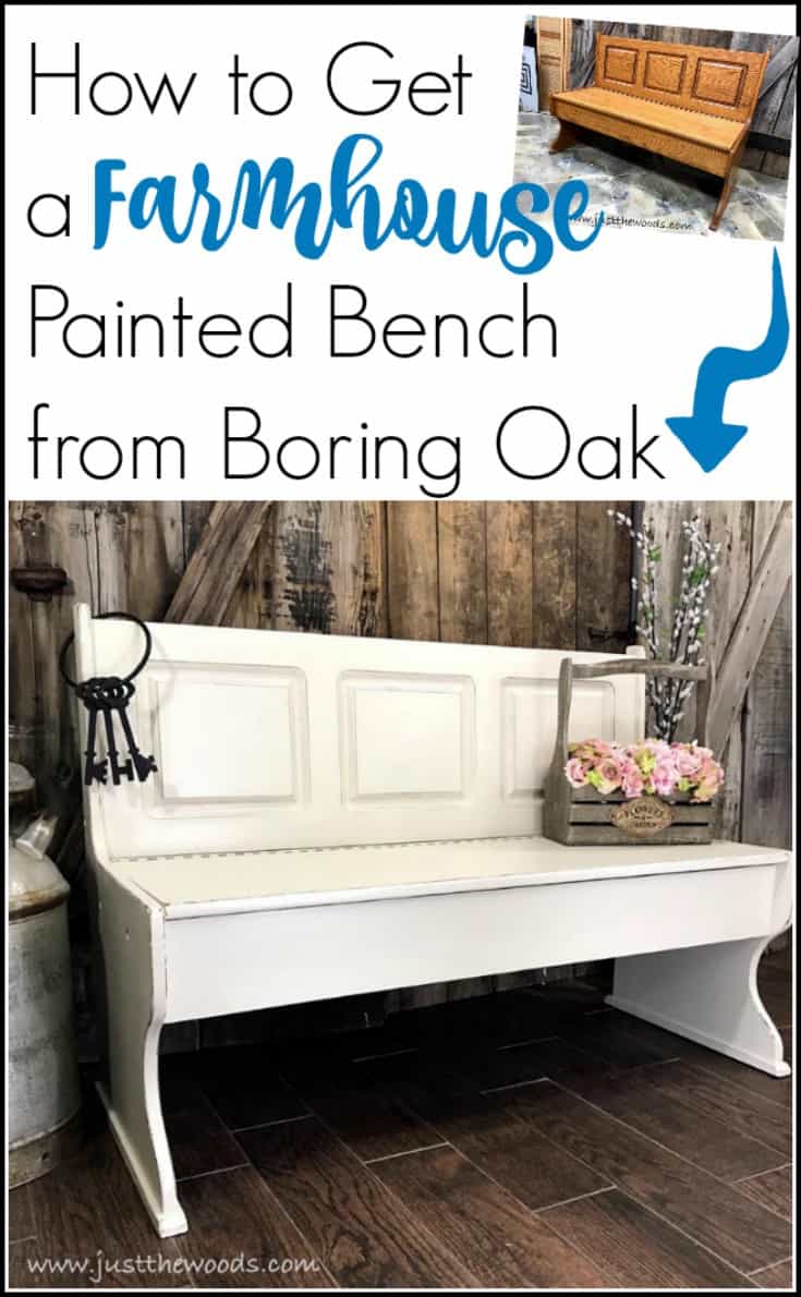 A painted furniture makeover, this farmhouse painted bench went from orange to distressed white and is now picture perfect. #paintedbench #farmhousebench #farmhousepaintedbench #whitepaintedbench #farmhousefurniture #whitepaintedfurniture #storagebench #paintedstoragebench #paintedbenchideas #oakbench #paintedfurniture