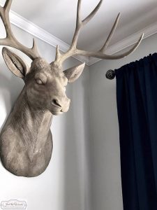 concrete-deer-head, antique farmhouse, living room makeover, gallery wall