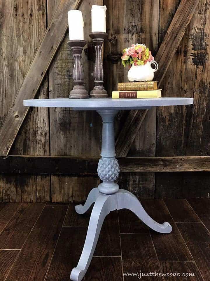 custom-painted-gray-layered-table, pineapple table, painted pedestal table