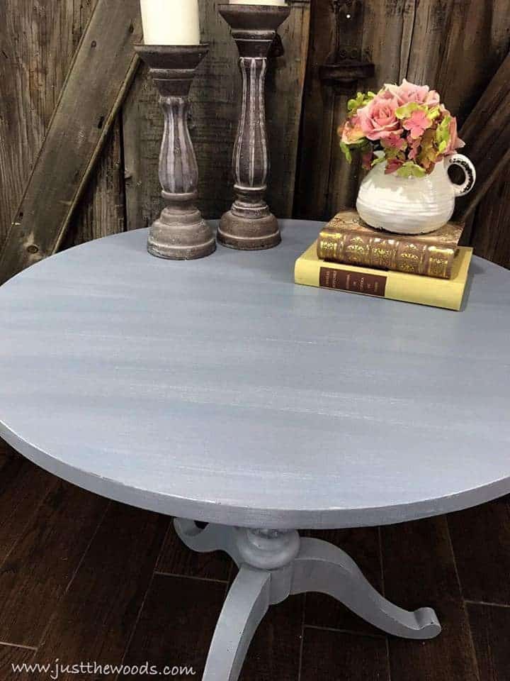 dry-brushing, painted round table, pedestal table, ethan allen, just the woods