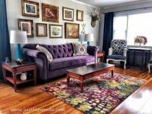 eclectic-vintage-style, living room makeover, interior design, staten island, new york, bold color, purple sofa