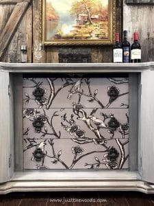 fabric-bird-print, decoupage, painted furniture, decoupage drawers