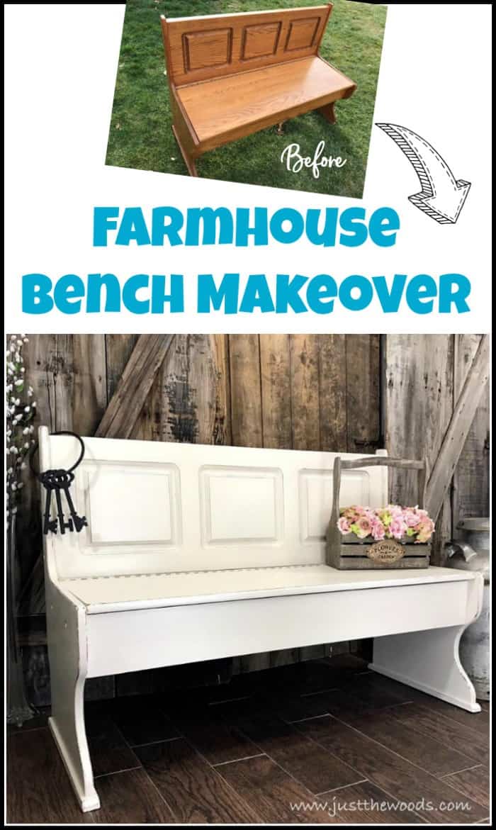 A painted furniture makeover, this farmhouse bench is transformed from orange to distressed white and is now picture perfect. #paintedbench  #farmhousebench #farmhousepaintedbench  #whitepaintedbench #farmhousefurniture #whitepaintedfurniture #storagebench #paintedstoragebench #paintedbenchideas #farmbench #farmhousebenchwithstorage