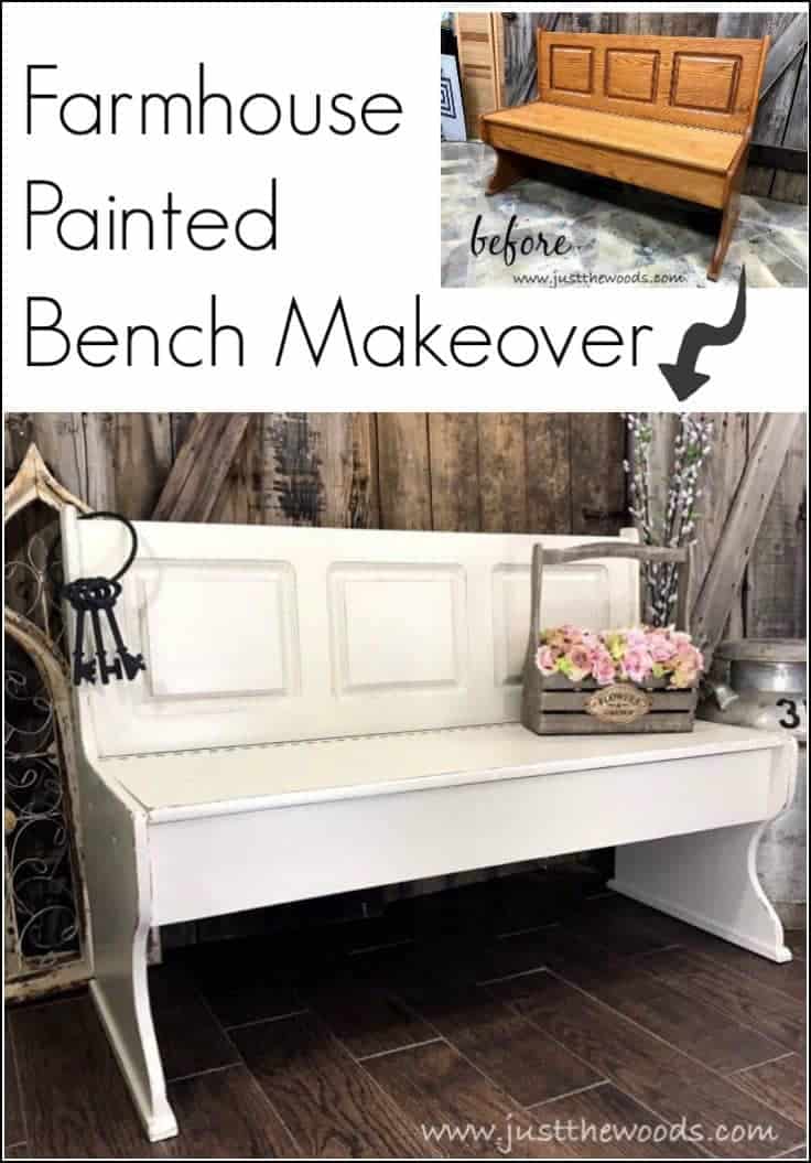 A painted furniture makeover, this farmhouse bench is transformed from orange to distressed white and is now picture perfect. #paintedbench #farmhousebench #farmhousepaintedbench #whitepaintedbench #farmhousefurniture #whitepaintedfurniture #storagebench #paintedstoragebench #paintedbenchideas #farmbench #farmhousebenchwithstorage