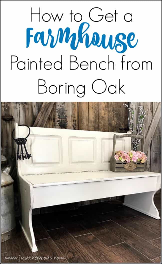 A painted furniture makeover, this farmhouse bench is transformed from orange to distressed white and is now picture perfect. #paintedbench #farmhousebench #farmhousepaintedbench #whitepaintedbench #farmhousefurniture #whitepaintedfurniture #storagebench #paintedstoragebench #paintedbenchideas #farmbench #farmhousebenchwithstorage