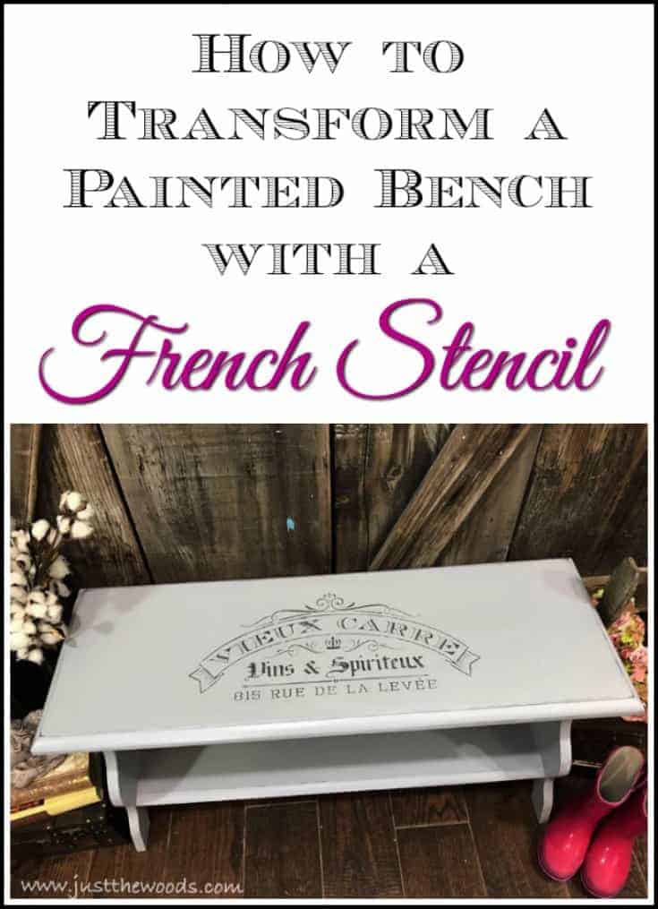 A painted bench makeover. With distressed edges and a French stencil, this painted bench will surely wow any entryway. French Bench makeover #frenchstencil #paintedbench #paintedfurniture #stenciledfurniture