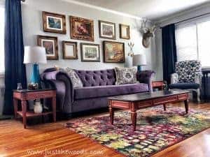 gold-gallery-wall-purple-room, living room, orange purple living room, colorful decor