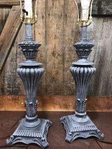 gray-and-white-painted-lamps, chalk paint, just the woods, painting lamps, how to paint a metal lamp