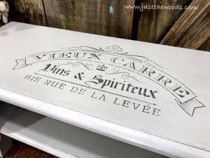 gray-stencil-on-bench, painted bench, french stencil, gray chalk paint, gray paint