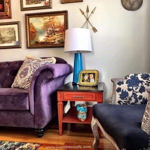 indigo-chairs-and-bold-lamps, lamps plus, teal lamps, orange painted tables, living room,