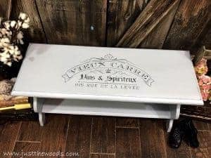 light-gray-painted-bench, pained bench with french stencil, stencil painted furniture, french bench