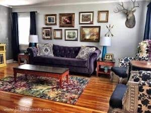 ornate-frame-gallery-wall, vintage style, living room makeover, orange yellow purple living room, new york