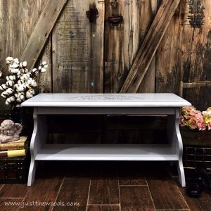 painted-gray-bench, gray chalk paint, pure home paint, just the woods, painted bench, shabby chic, wet distress