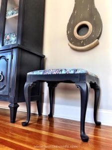 purple-gray-painted-bench, painted stool, painted bench, cushioned seat with painted legs, chalk paint, purple paint