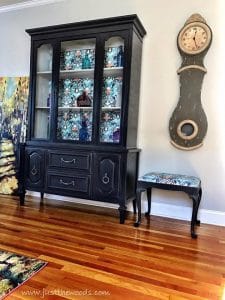 purple-painted-china-cabinet, painted accent seat, mora clock, new york, just the woods