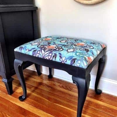 painted vanity seat, reupholstered seat cushion