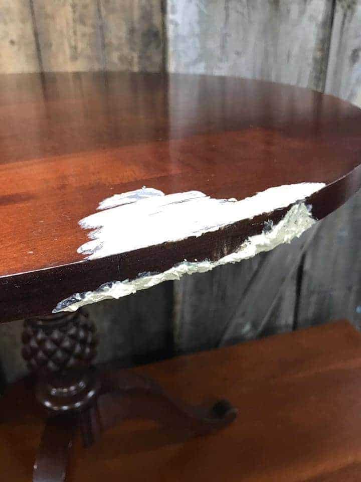 repair-damaged-table, magic mud, wood filler, repair chew holes in wood