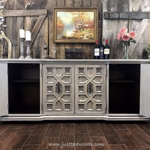 side-storage, vintage buffet, painted ornate furniture, painted buffet, cream and gray