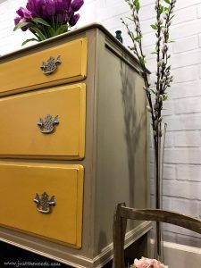 taupe-painted-dresser-with-yellow, chalk paint, shabby chic, distressed, taupe paint