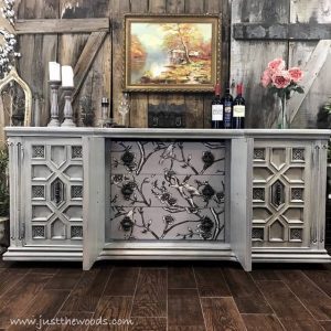 vintage-ornate-painted-decoupaged-buffet, decoupage, vintage birds, painted buffet, staten island, chalk paint