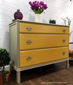 vintage-painted-taupe-dresser-yellow-drawers, taupe chalk paint, yellow chalk paint, pure home paint, non toxic paint, 