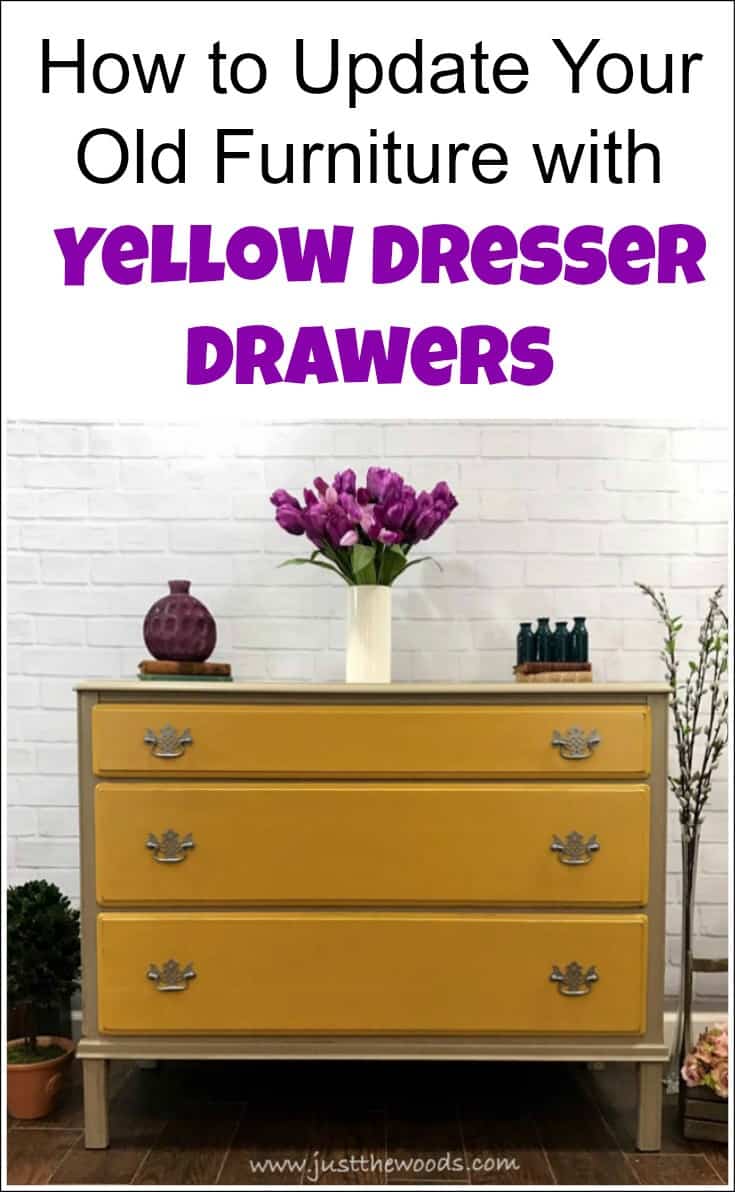 Yellow dresser drawers add just enough color to a painted furniture update without being over the top. Yellow furniture can be bold or neutral depending on which direction to take. This vintage dresser painted in mustard yellow with neutral taupe keeps the makeover neutral. | yellow dresser | mustard dresser | yellow furniture | yellow bedroom furniture | yellow painted dresser | mustard yellow dresser | yellow chest of drawers, | yellow vintage dresser | painting furniture yellow