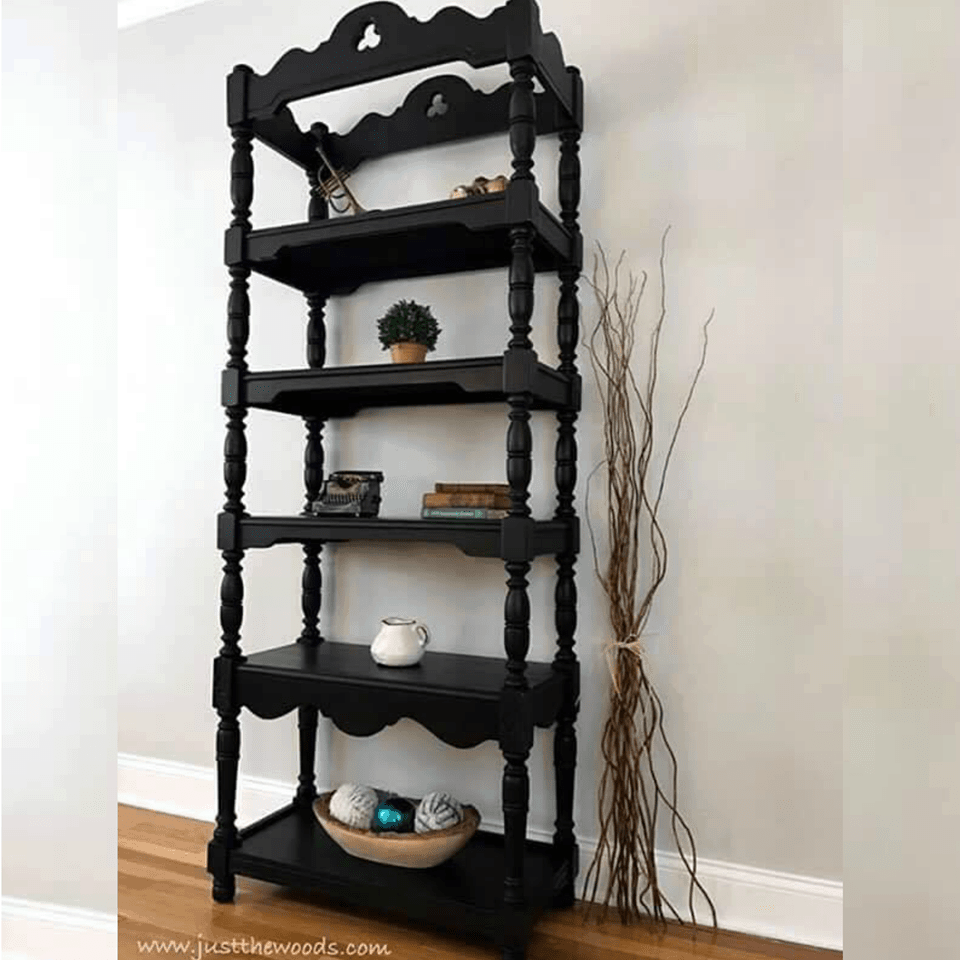 black-painted-vintage-etagere, chalk paint, black distressed, painted furniture, black distressed painted furniture, new york