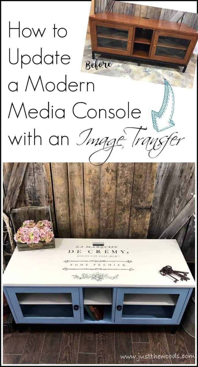 Painted Media Console with French Image Transfer. How to add an Image transfer to painted furniture. Update modern or vintage furniture with an image transfer.