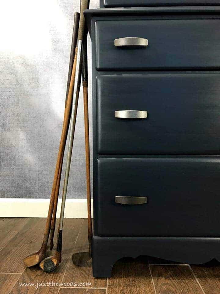 navy-blue-mens-dresser, vintage golf clubs, mens dresser, painted dresser