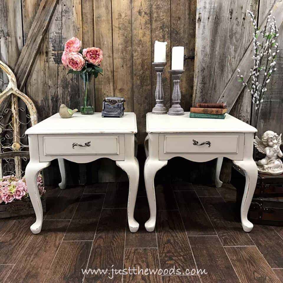 off-white-chalk-painted-tables, dixie belle, shabby chic painted tables, curvy legs, just the woods