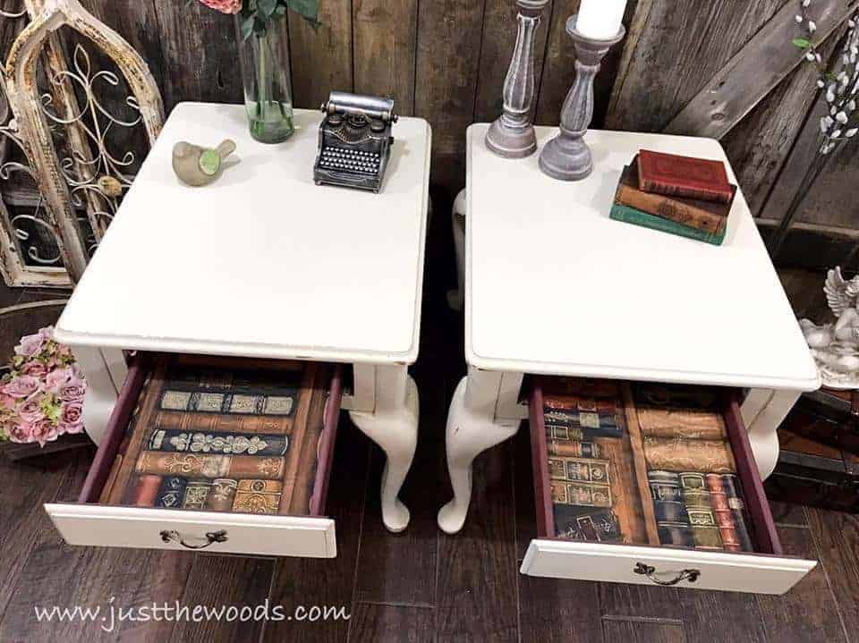 painted-end-tables-lined-with-wallpaper, lined drawers, painted tables, queen anne tables