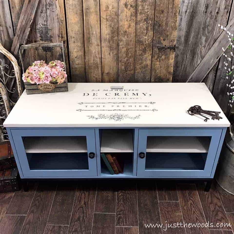 tv stands, tv stand, media stand, media console, modern ethan allen tv stand painted baby blue and off white with french word image transfer on top, shabby chic, staten island, new york