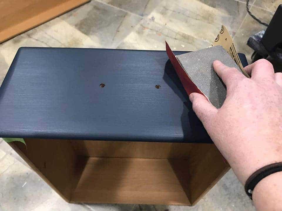 How to Add a Masculine Touch to an Old Dresser by Just the Woods sand-smooth, blue painted dresser