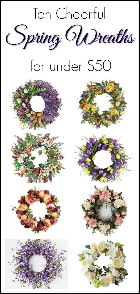 Ten cheerful spring wreaths under $50. There's no reason to break the bank when deciding on door decor for your home. Spring wreaths, spring decor, door decor, door wreaths, wreaths for door, easter wreaths, affordable wreaths, affordable door wreaths.