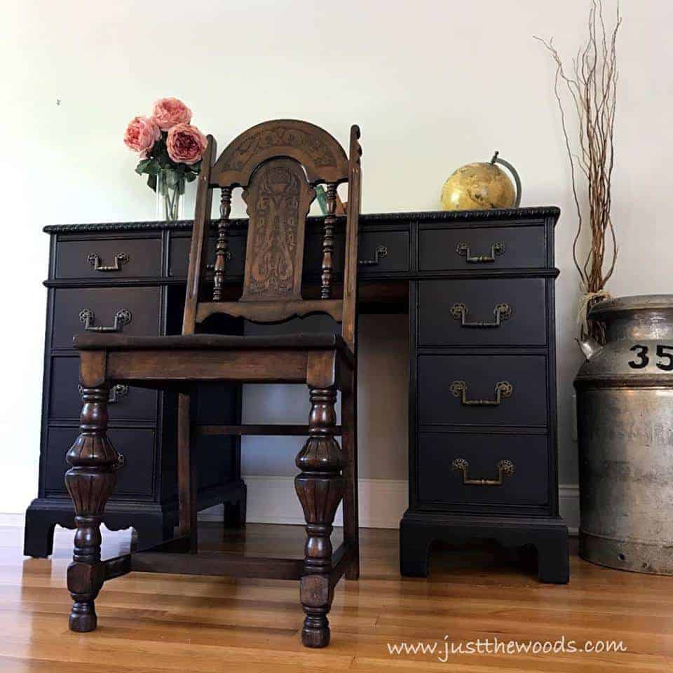 The Best Black Distressed Painted Furniture Makeovers by Just the Woods, jacobean chair, vintage desk, leather inlay