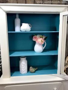 blue-inside-painted-cupboard, shabby chic cabinet, painted cabinet, white and blue