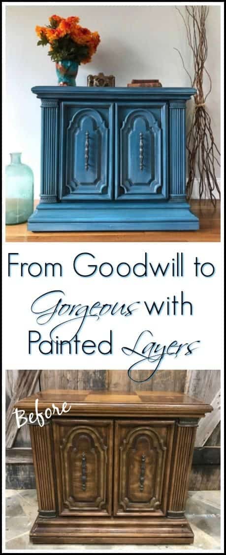 Goodwill accent table gets a makeover. See how to paint furniture with layers on this ornate vintage cabinet in shades of blue. | painted furniture ideas | painted furniture techniques | layering paint on furniture | how to paint layers | furniture painting techniques | blue painted furniture